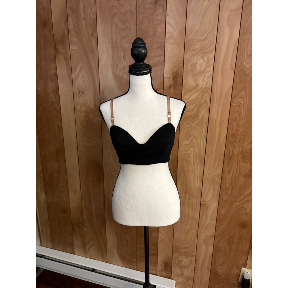 Cinq a Sept Black Cropped Bustier Top Sweetheart Neck Tan Straps Size 0